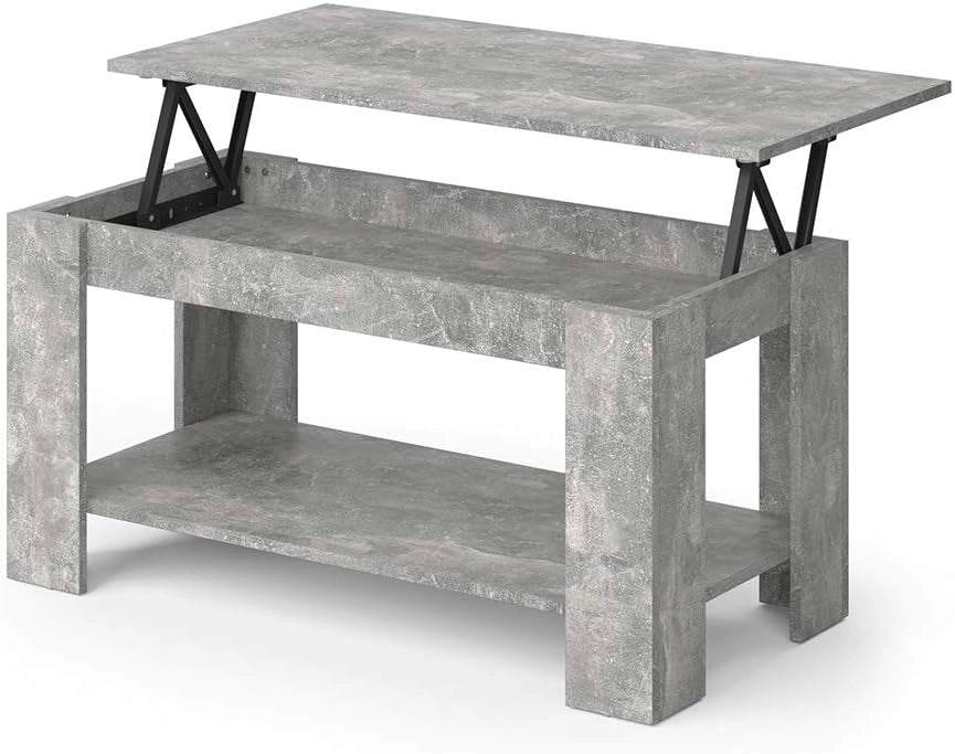 Tavolino soggiorno Lorenz, Calcestruzzo, 100 x 50 cm con funzione di sollevamento, con meccanismo di sollevamento e piano del tavolo regolabile in altezza