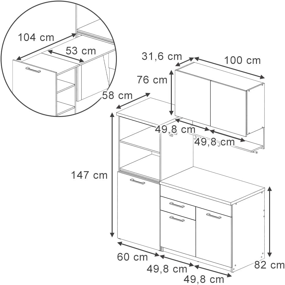 Cucina singola Egbert, Antracite, 160 cm con tavolo allungabile con striscia LED, con asciuga piatti integrato e ripiani laterali