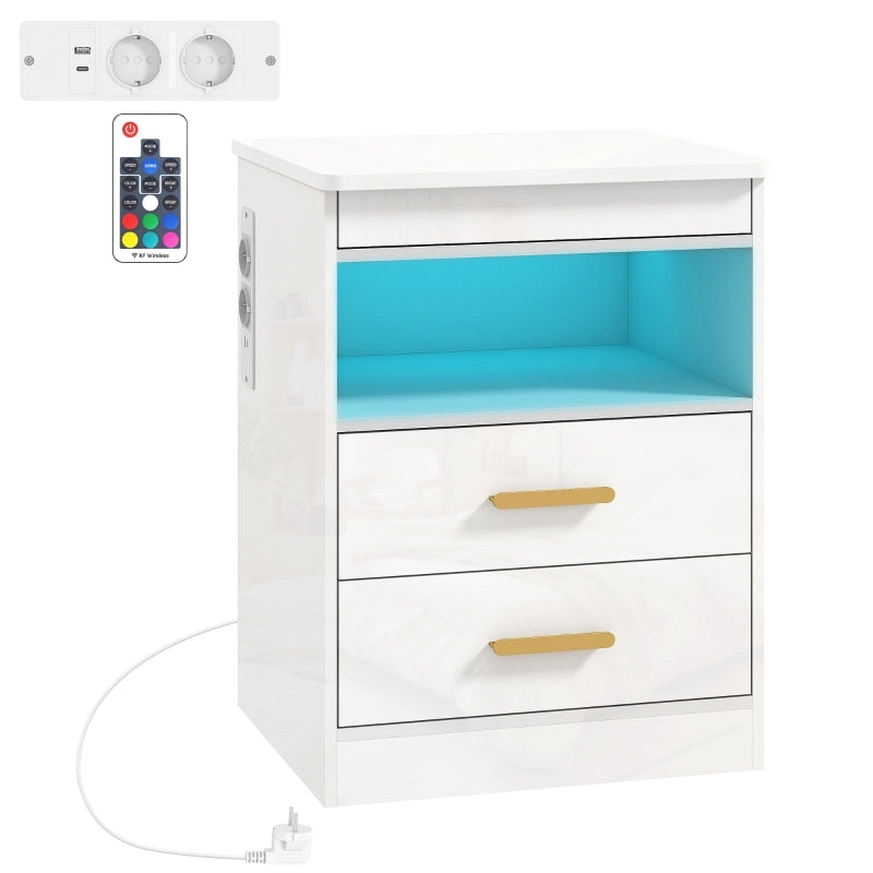 COMODINO con stazione di ricarica, RGB LED, 45 x 40 x 59 cm, bianco lucido