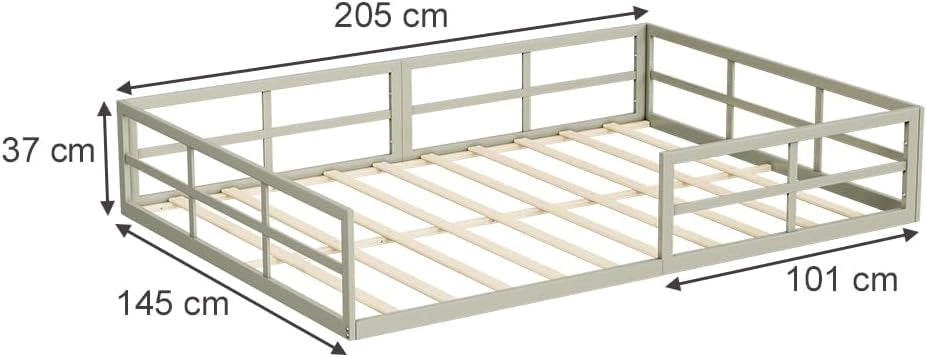 Letto a pavimento Minno 140x200, letto bambini in metallo, letto Montessori con protezione anticaduta, bassa altezza d’ingresso, greige
