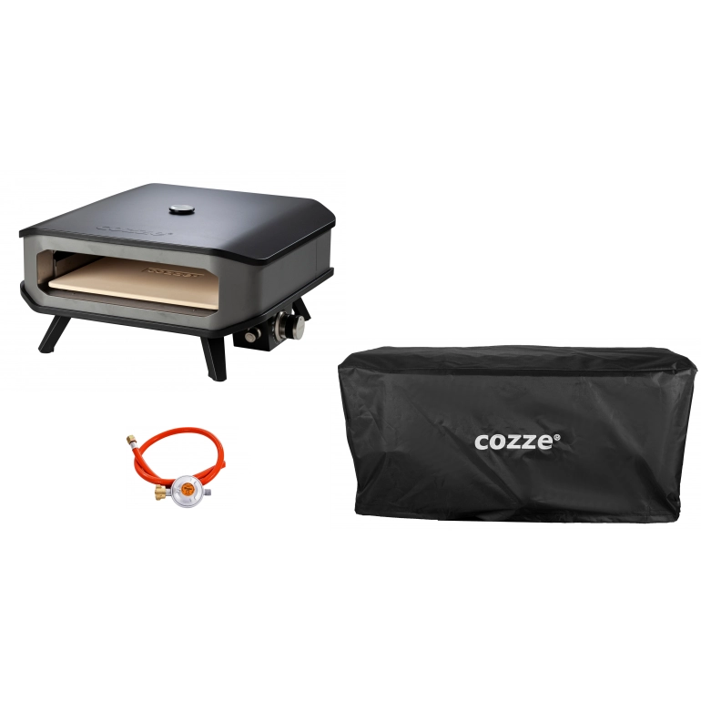 COZZE Forno per pizza a gas 17" XXL con termometro fino a 400°  42.5 x 42.5 cm include erogatore e copertura