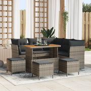 Set Divano da Giardino 9 Pezzi con Cuscini Grigio Polyrattan Acacia