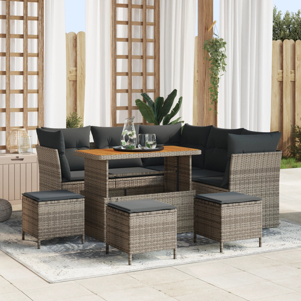 Set Divano da Giardino 9 Pezzi con Cuscini Grigio Polyrattan Acacia
