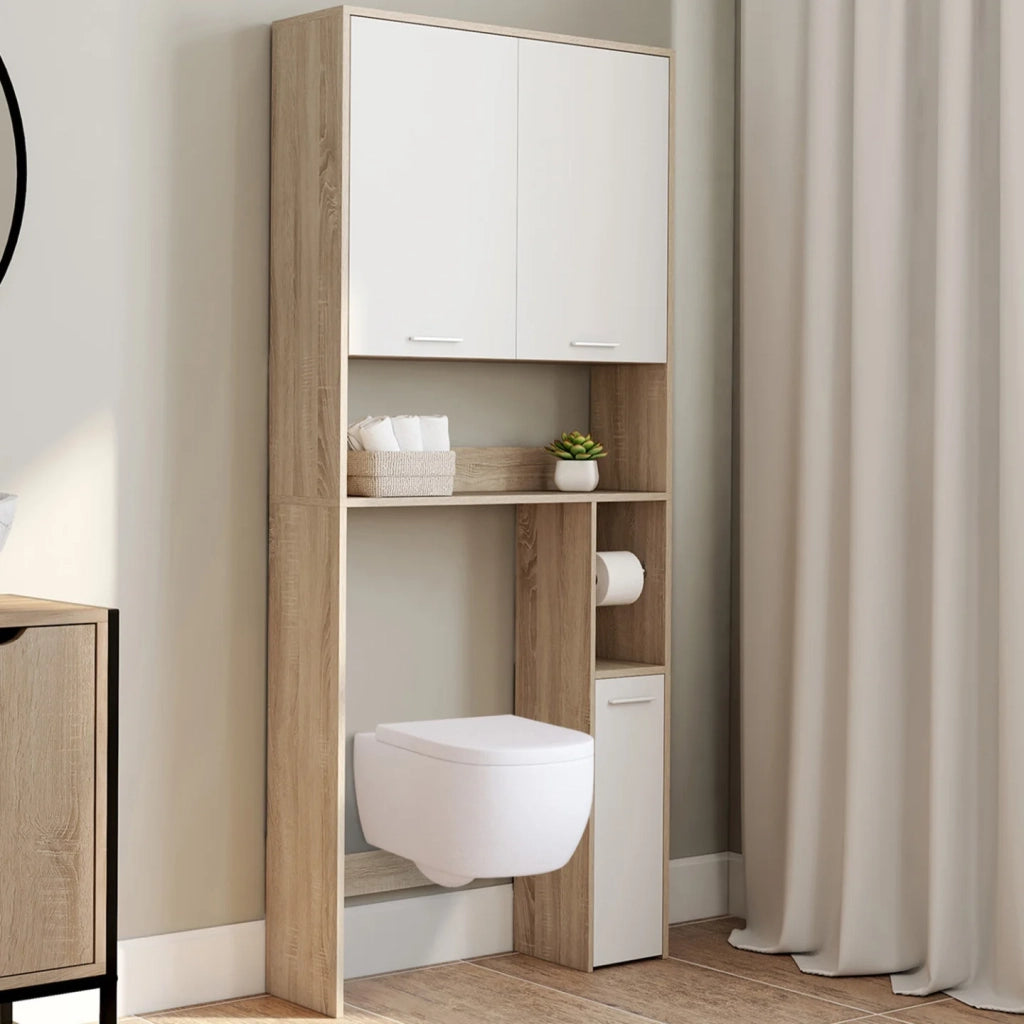 IDMarket - Scaffalatura WALLIS in faggio e bianco con piano per WC