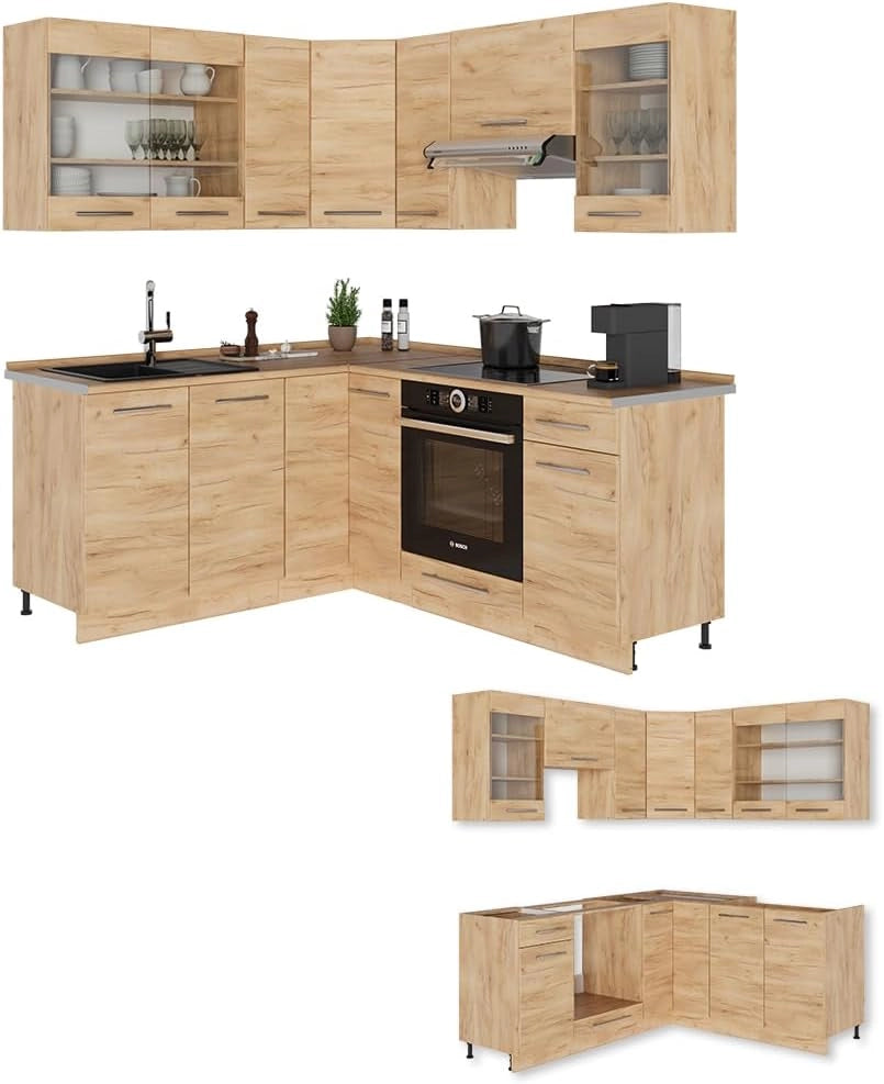 Cucina angolare completa Fame-Line, Quercia dorata, 190 x 60 cm, PL Rovere, combinabile con altri moduli per una progettazione flessibile della cucina