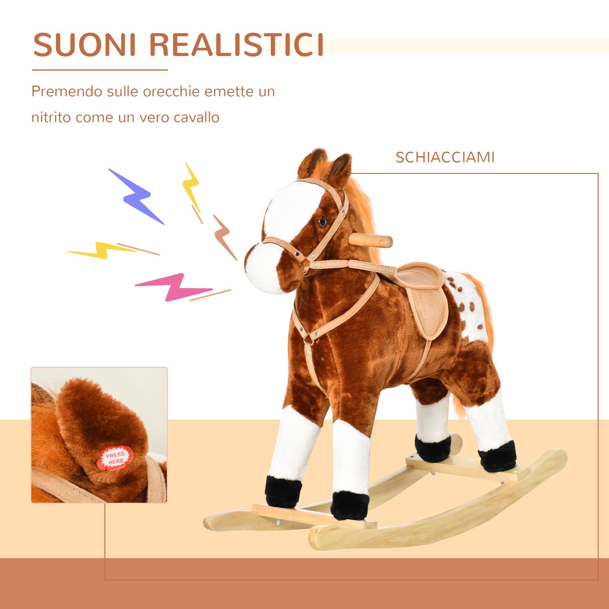 Easycomfort Cavallo a Dondolo in Peluche con Suoni per Bambini, Marrone