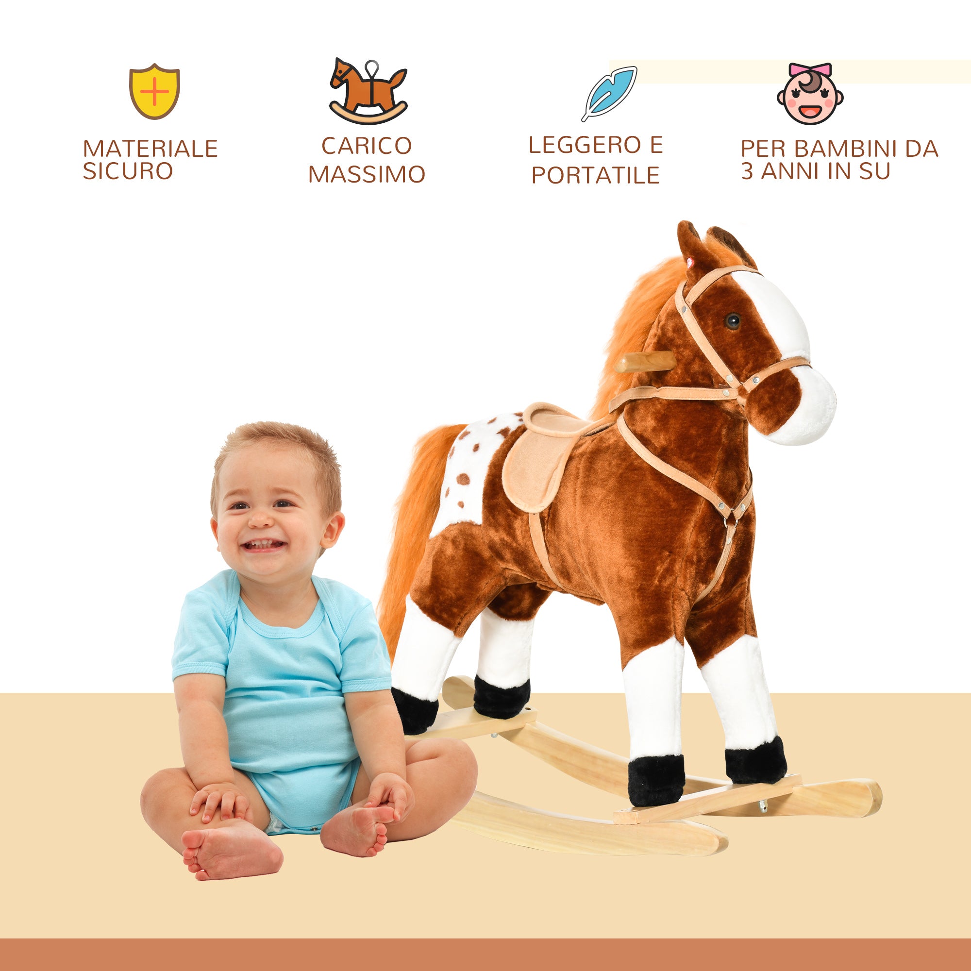 Easycomfort Cavallo a Dondolo in Peluche con Suoni per Bambini, Marrone