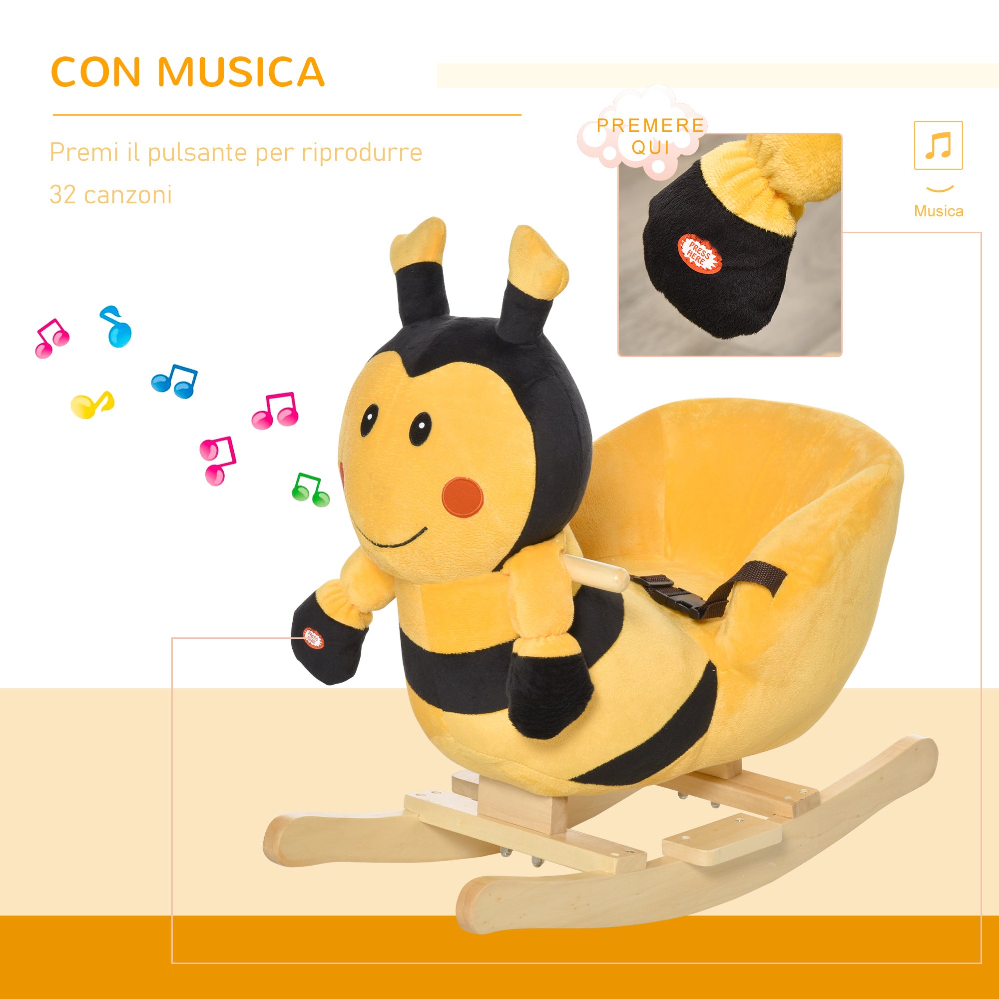 Easycomfort Animale a Dondolo per Bambini a forma di Ape in Legno di Pioppo con Musica, 60x33x45 cm, Giallo e Nero