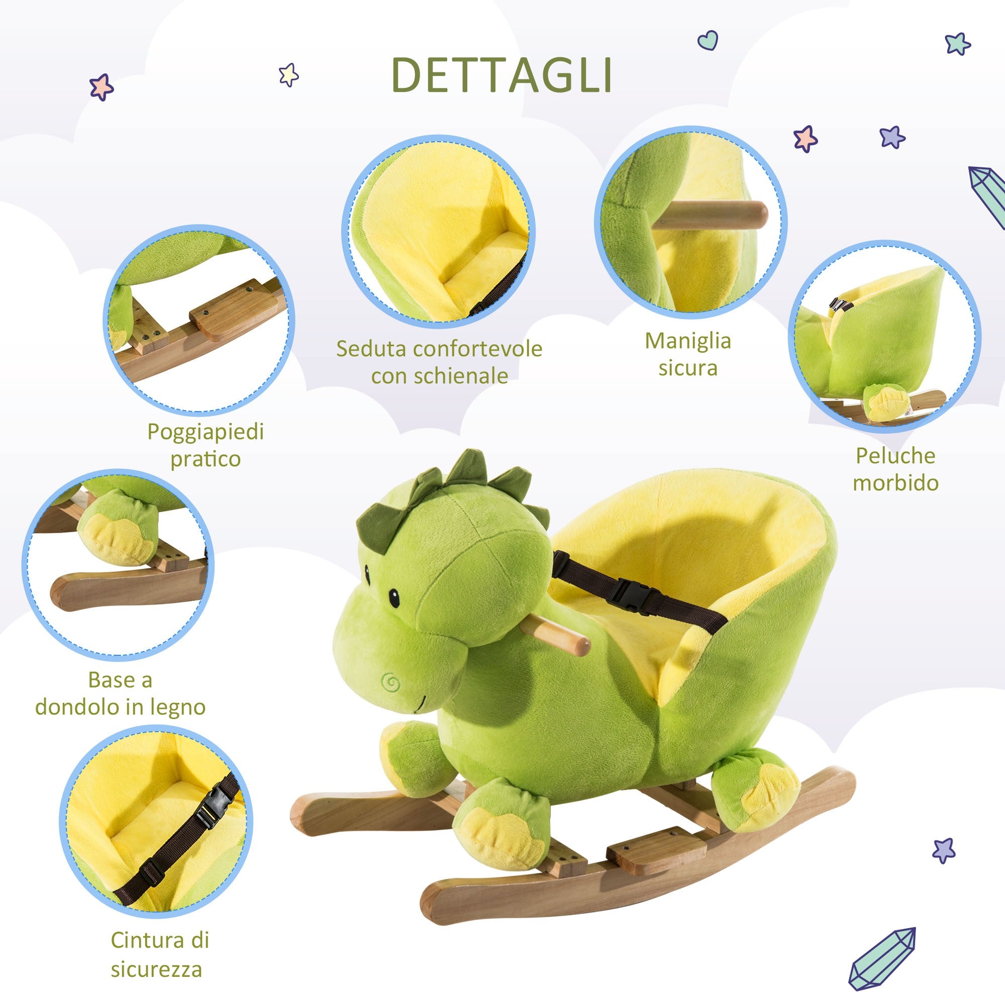 Easycomfort Drago a Dondolo in Legno per i Bambini, Verde e Giallo