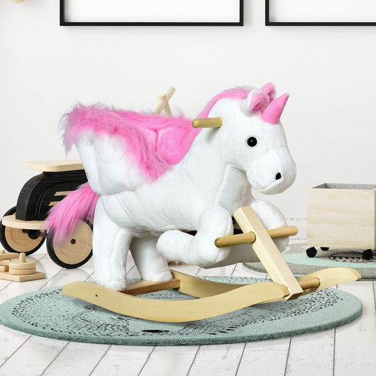Easycomfort Cavallo a Dondolo a Forma di Unicorno con Musica, Struttura in Metallo e Legno, Rivestimento Peluche, 65x32x55cm, Bianco Rosa