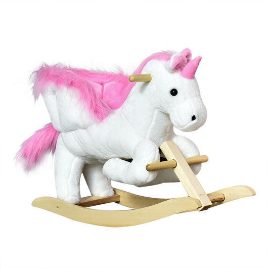 Easycomfort Cavallo a Dondolo a Forma di Unicorno con Musica, Struttura in Metallo e Legno, Rivestimento Peluche, 65x32x55cm, Bianco Rosa