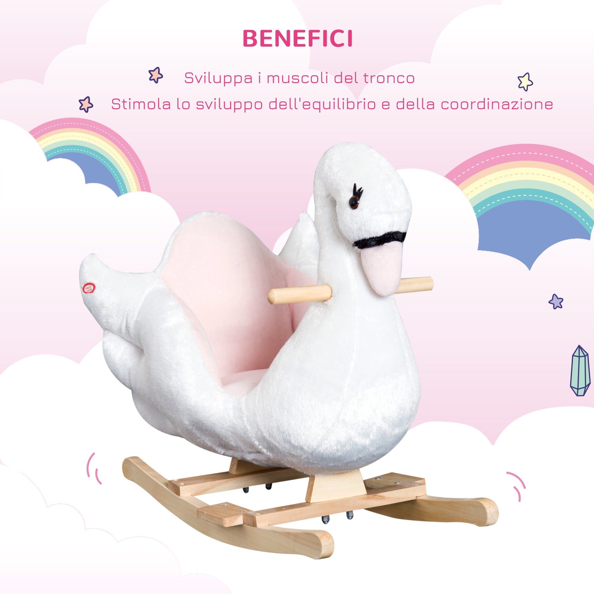 Easycomfort Cavallo a Dondolo a Forma di Cigno con Musica, Struttura in Metallo e Legno, Rivestimento Peluche, 60x32x55cm, Bianco