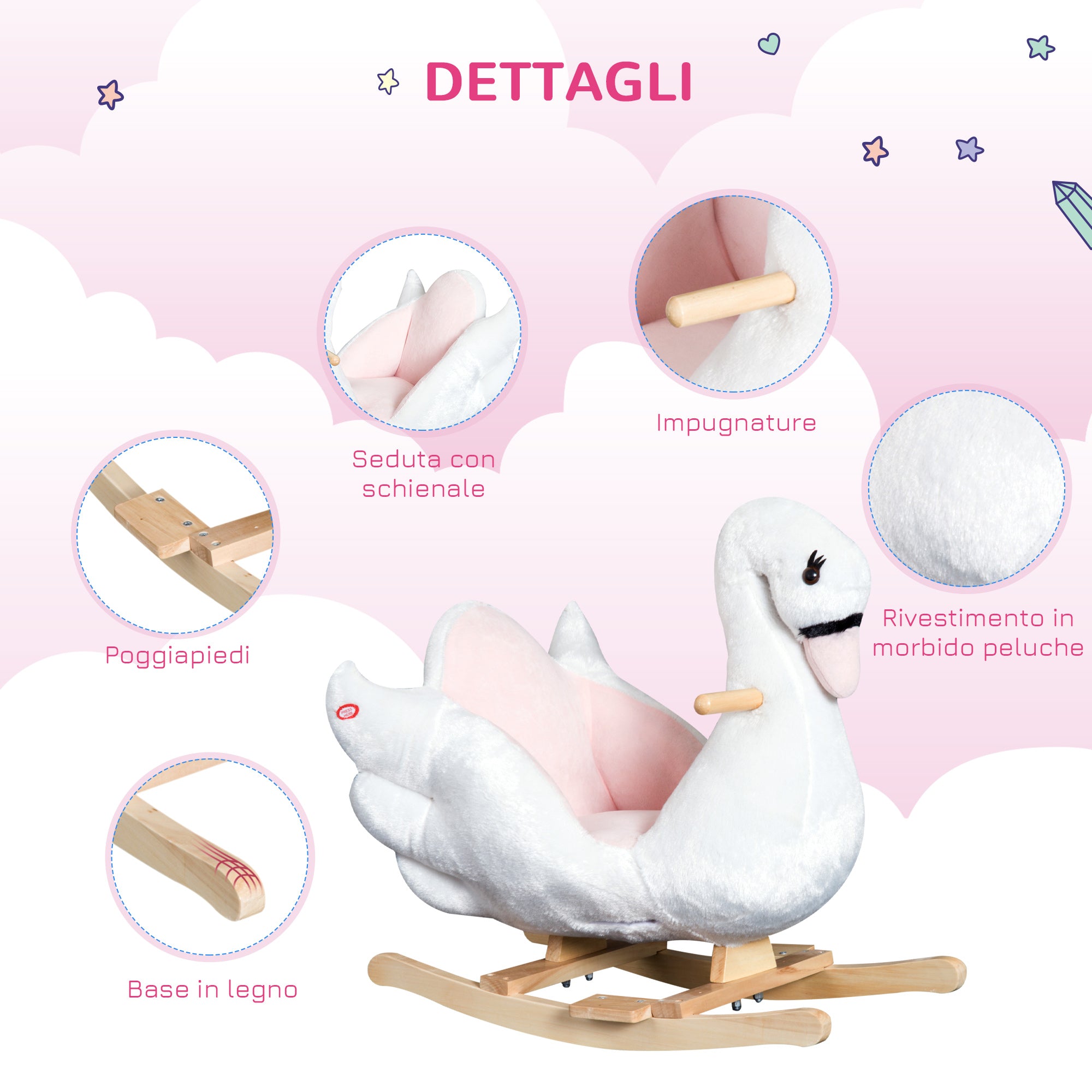 Easycomfort Cavallo a Dondolo a Forma di Cigno con Musica, Struttura in Metallo e Legno, Rivestimento Peluche, 60x32x55cm, Bianco