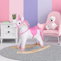 Easycomfort Cavallo a Dondolo in Legno Unicorno Giocattolo Cavalcabile Bambini Peluche 78 × 28 × 68cm Rosa