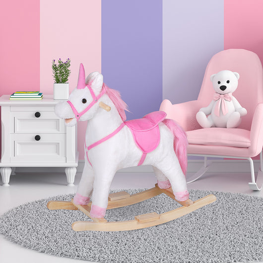 Easycomfort Cavallo a Dondolo in Legno Unicorno Giocattolo Cavalcabile Bambini Peluche 78 × 28 × 68cm Rosa