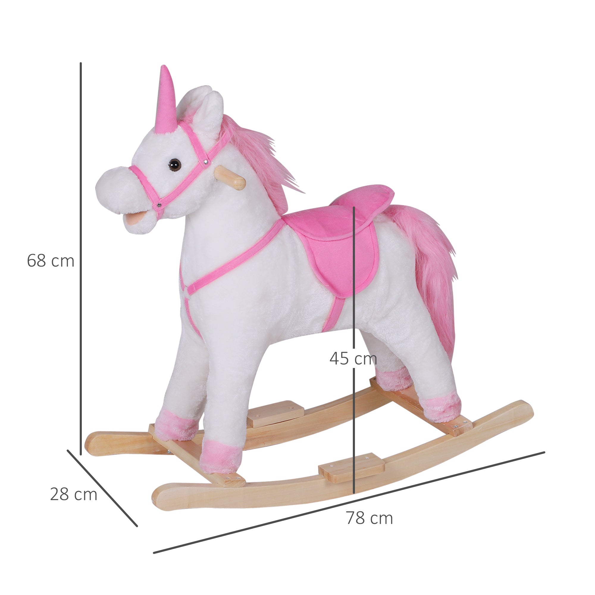 Easycomfort Cavallo a Dondolo in Legno Unicorno Giocattolo Cavalcabile Bambini Peluche 78 × 28 × 68cm Rosa