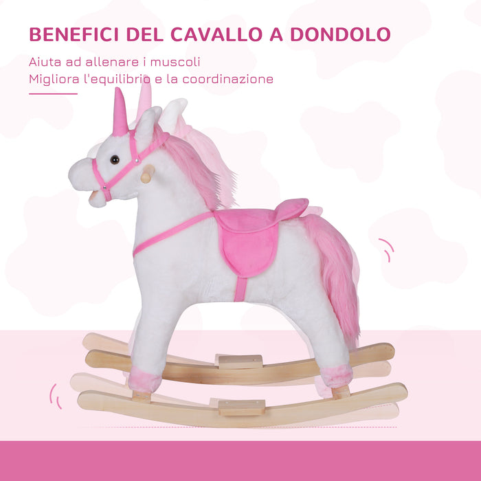 Easycomfort Cavallo a Dondolo in Legno Unicorno Giocattolo Cavalcabile Bambini Peluche 78 × 28 × 68cm Rosa