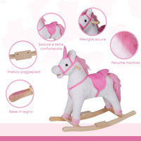 Easycomfort Cavallo a Dondolo in Legno Unicorno Giocattolo Cavalcabile Bambini Peluche 78 × 28 × 68cm Rosa
