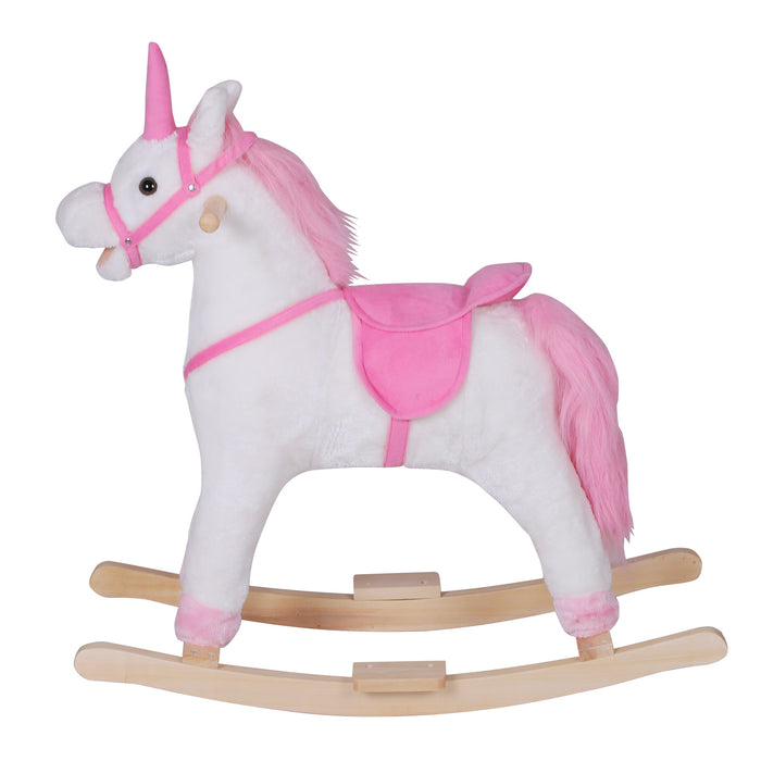 Easycomfort Cavallo a Dondolo in Legno Unicorno Giocattolo Cavalcabile Bambini Peluche 78 × 28 × 68cm Rosa