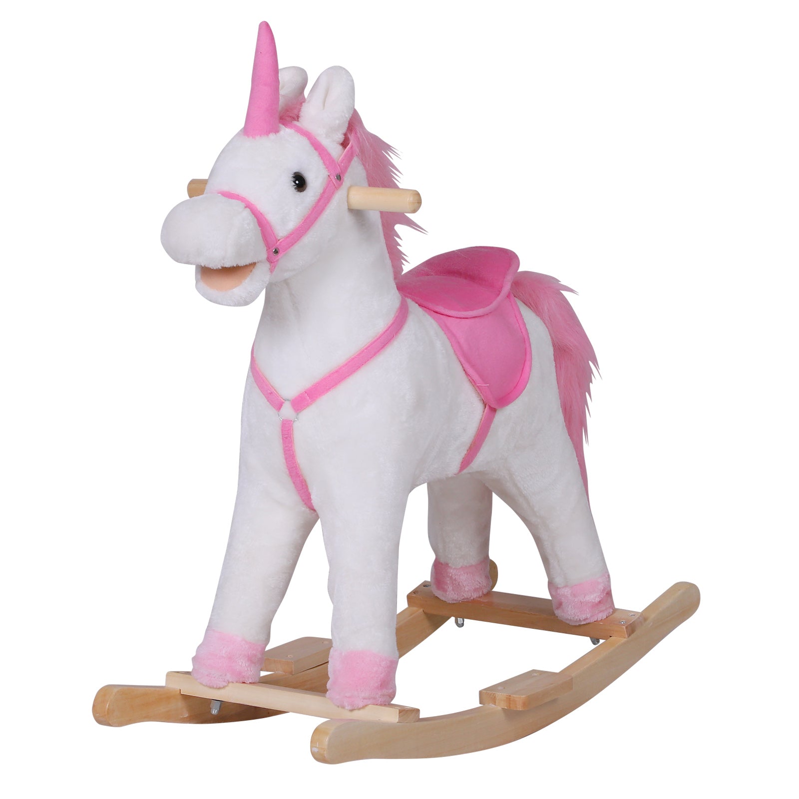Easycomfort Cavallo a Dondolo in Legno Unicorno Giocattolo Cavalcabile Bambini Peluche 78 × 28 × 68cm Rosa