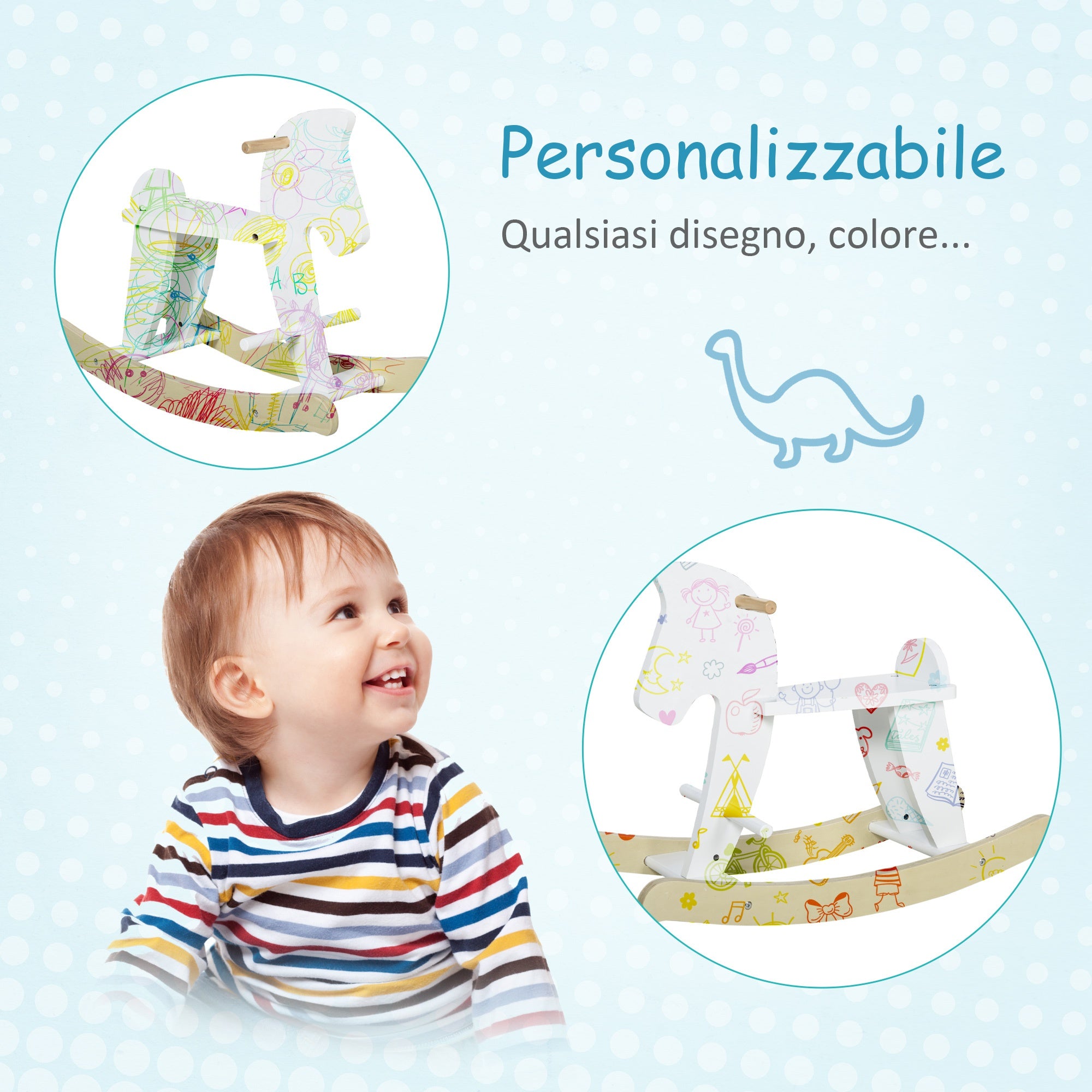 Easycomfort Cavallo a Dondolo Bambini da 1-3 Anni in Legno con Maniglie e Poggiapiedi, 68x26.5x48 cm, Bianco