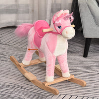 Easycomfort Cavallo a Dondolo per Bambini 36-72 Mesi, Unicorno a Dondolo con Suoni in Legno e Peluche Rosa, 74x33x62cm