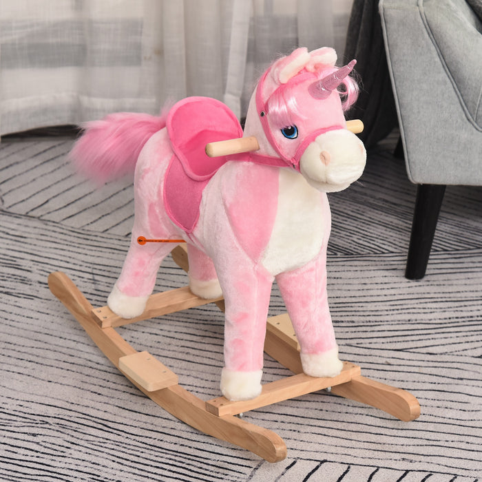 Easycomfort Cavallo a Dondolo per Bambini 36-72 Mesi, Unicorno a Dondolo con Suoni in Legno e Peluche Rosa, 74x33x62cm