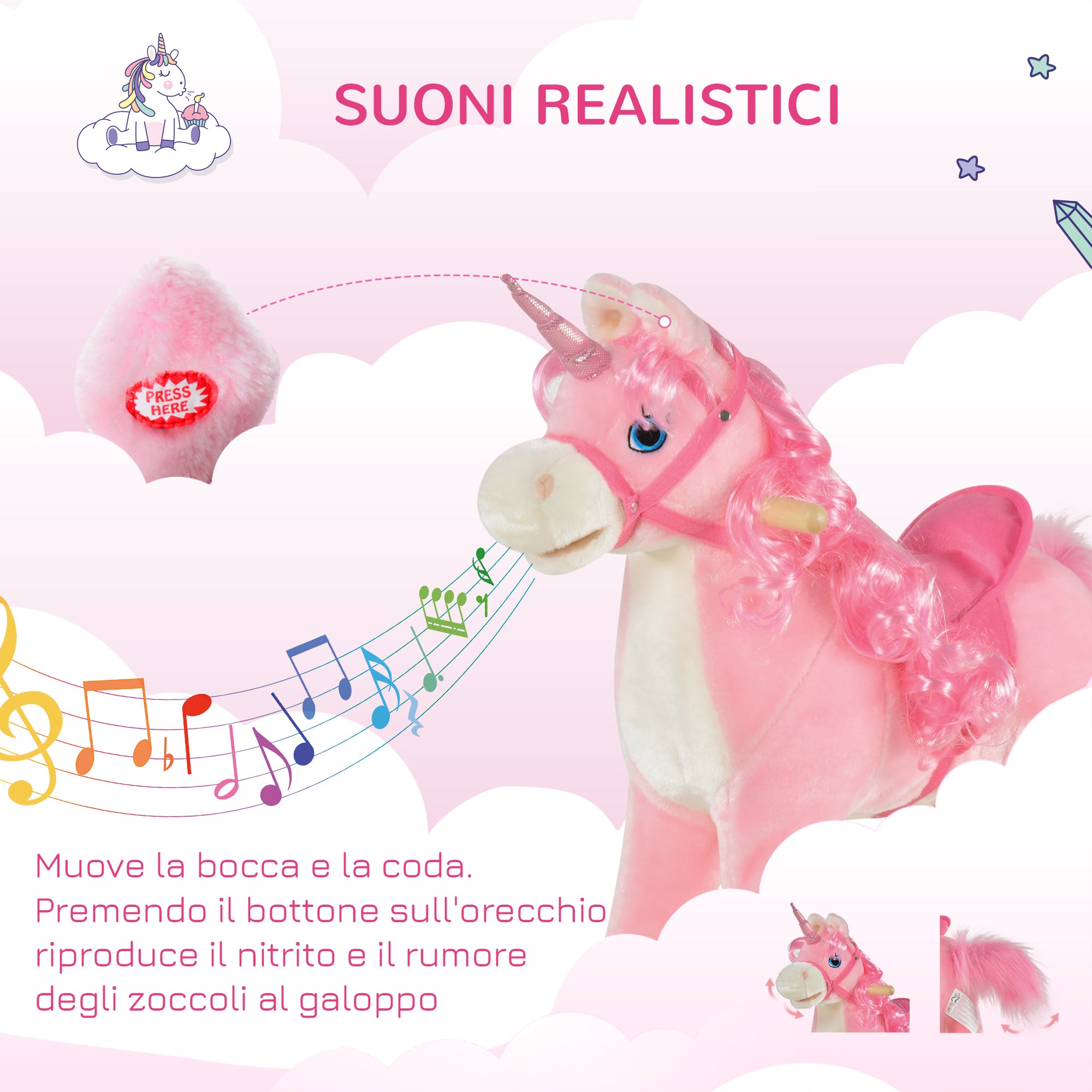 Easycomfort Cavallo a Dondolo per Bambini 36-72 Mesi, Unicorno a Dondolo con Suoni in Legno e Peluche Rosa, 74x33x62cm