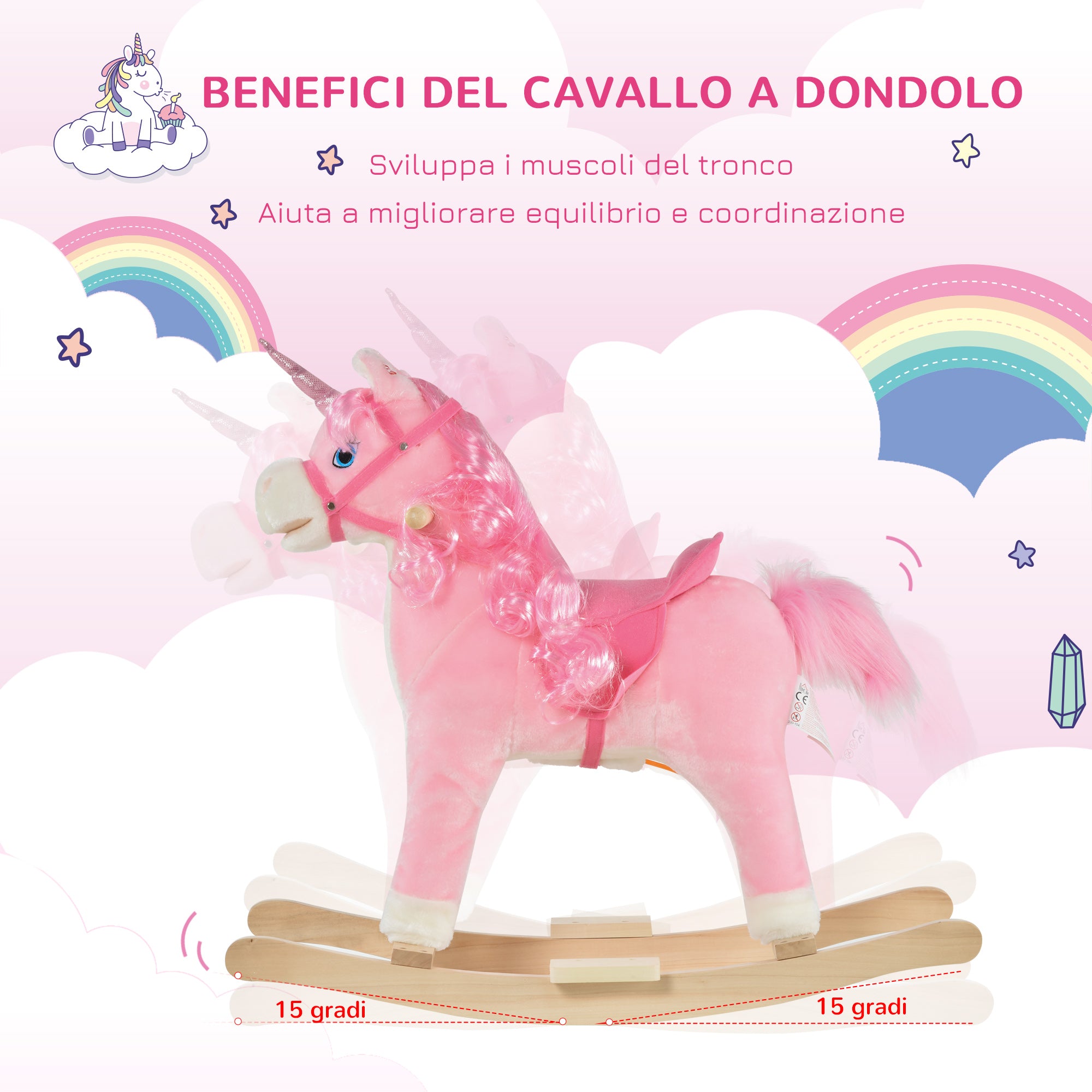 Easycomfort Cavallo a Dondolo per Bambini 36-72 Mesi, Unicorno a Dondolo con Suoni in Legno e Peluche Rosa, 74x33x62cm