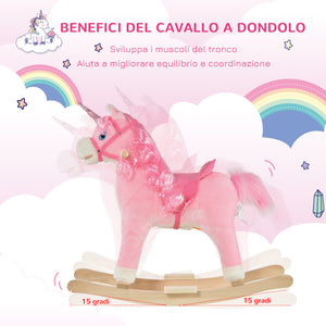 Easycomfort Cavallo a Dondolo per Bambini 36-72 Mesi, Unicorno a Dondolo con Suoni in Legno e Peluche Rosa, 74x33x62cm