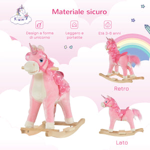 Easycomfort Cavallo a Dondolo per Bambini 36-72 Mesi, Unicorno a Dondolo con Suoni in Legno e Peluche Rosa, 74x33x62cm