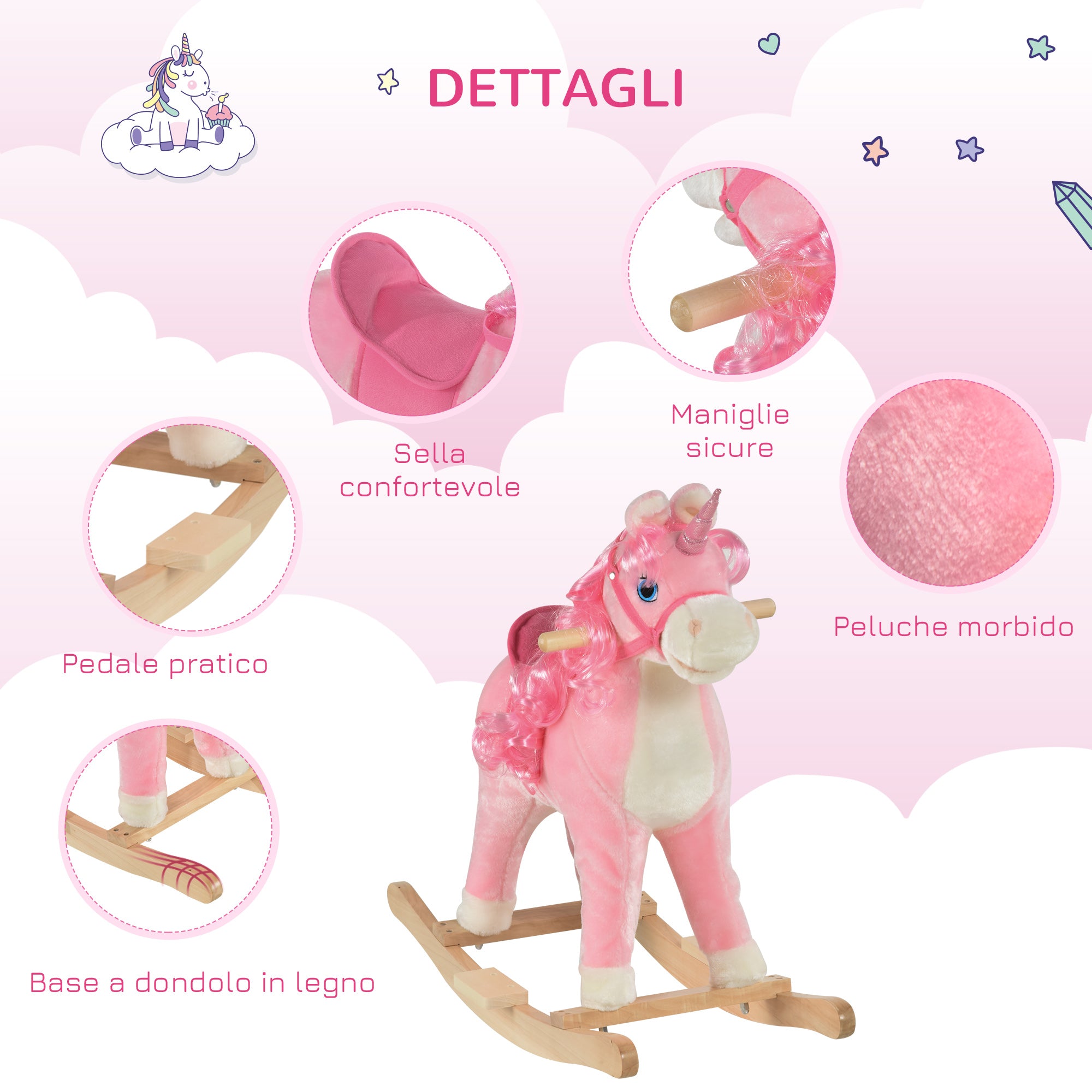 Easycomfort Cavallo a Dondolo per Bambini 36-72 Mesi, Unicorno a Dondolo con Suoni in Legno e Peluche Rosa, 74x33x62cm