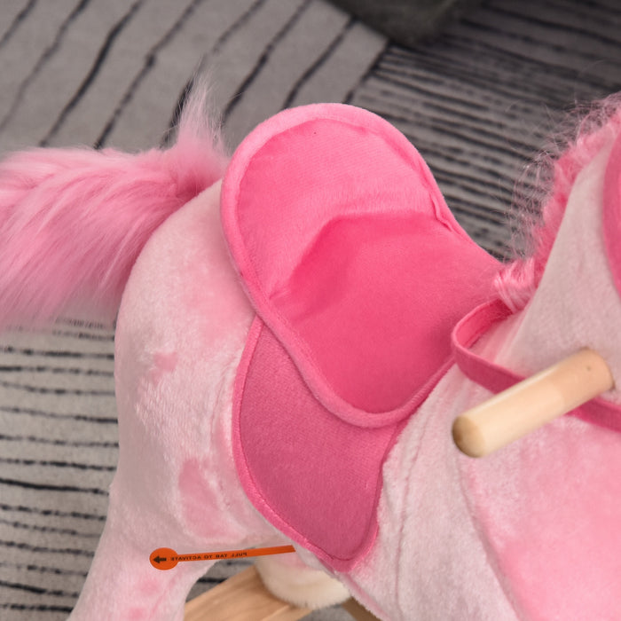 Easycomfort Cavallo a Dondolo per Bambini 36-72 Mesi, Unicorno a Dondolo con Suoni in Legno e Peluche Rosa, 74x33x62cm