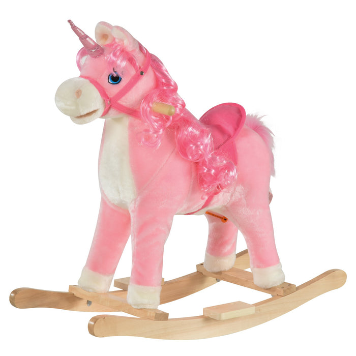 Easycomfort Cavallo a Dondolo per Bambini 36-72 Mesi, Unicorno a Dondolo con Suoni in Legno e Peluche Rosa, 74x33x62cm