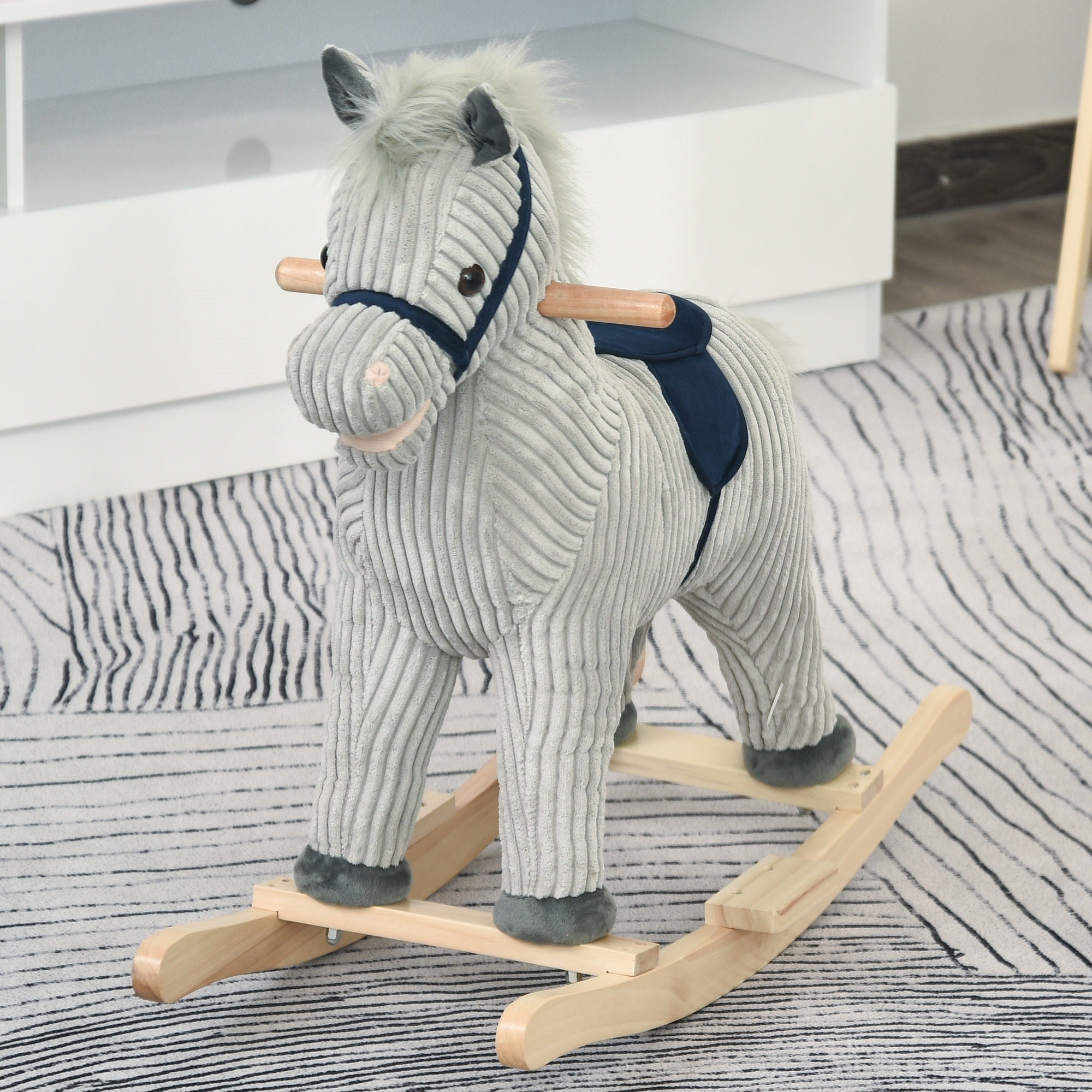 Easycomfort Cavallo a Dondolo per Bambini 3-6 Anni con Suoni in Peluche, 73x35x64cm, Grigio
