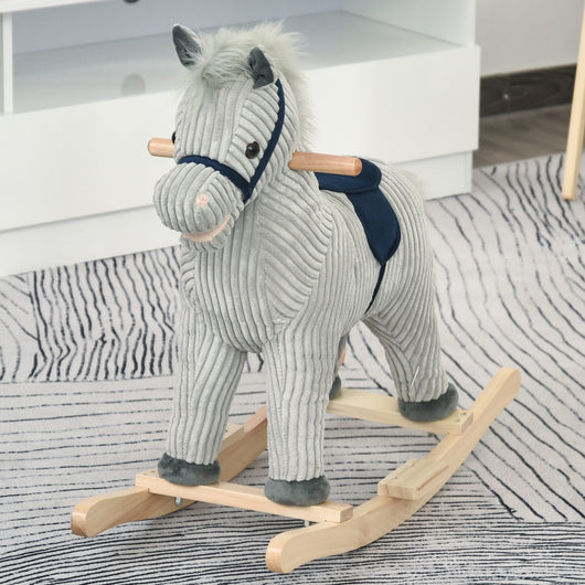 Easycomfort Cavallo a Dondolo per Bambini 3-6 Anni con Suoni in Peluche, 73x35x64cm, Grigio