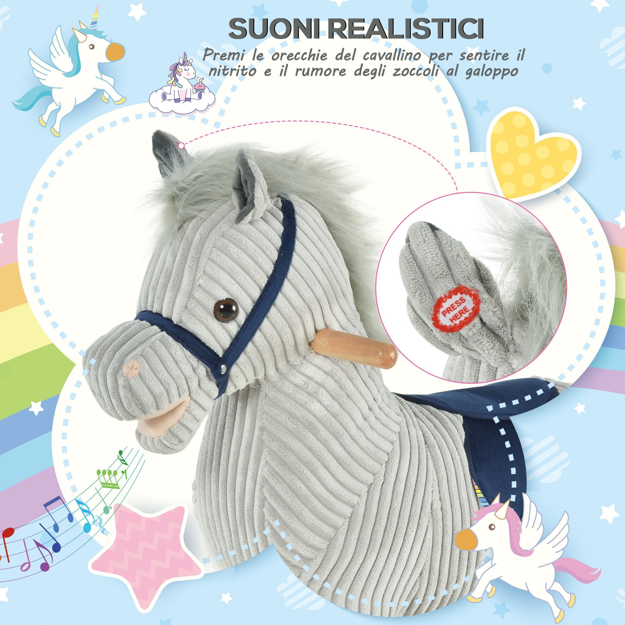 Easycomfort Cavallo a Dondolo per Bambini 3-6 Anni con Suoni in Peluche, 73x35x64cm, Grigio