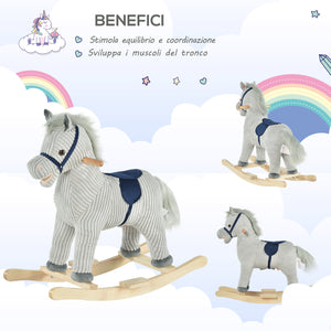 Easycomfort Cavallo a Dondolo per Bambini 3-6 Anni con Suoni in Peluche, 73x35x64cm, Grigio