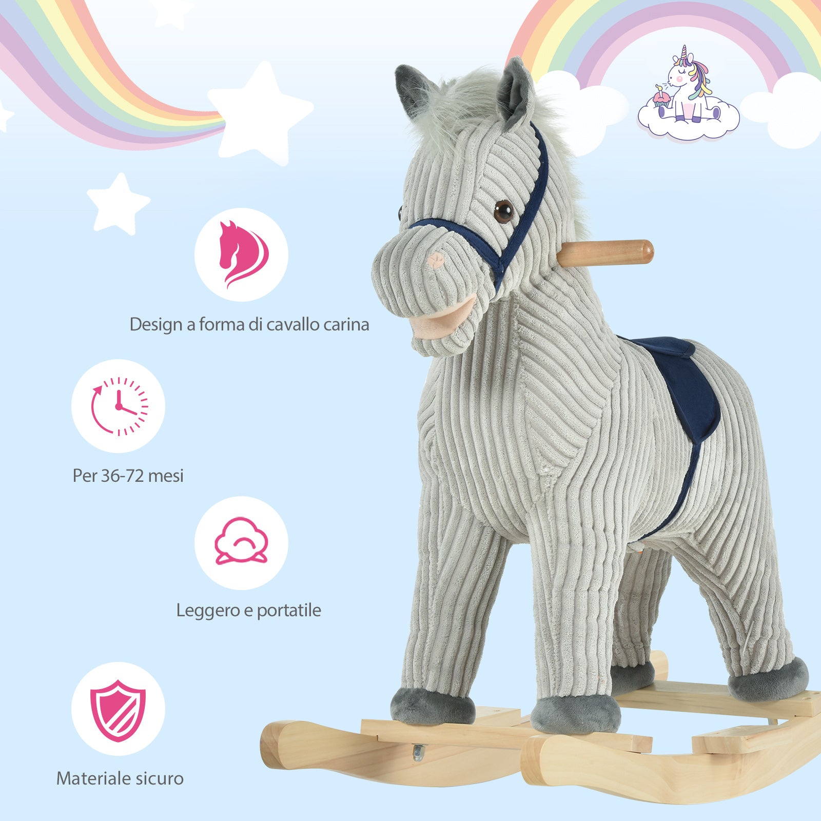 Easycomfort Cavallo a Dondolo per Bambini 3-6 Anni con Suoni in Peluche, 73x35x64cm, Grigio