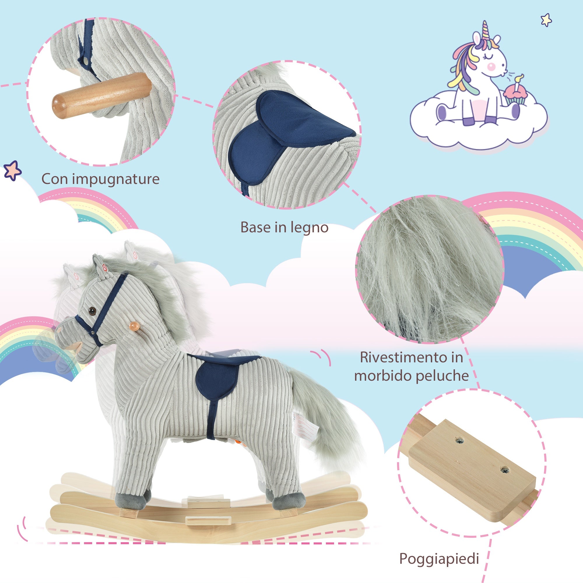 Easycomfort Cavallo a Dondolo per Bambini 3-6 Anni con Suoni in Peluche, 73x35x64cm, Grigio