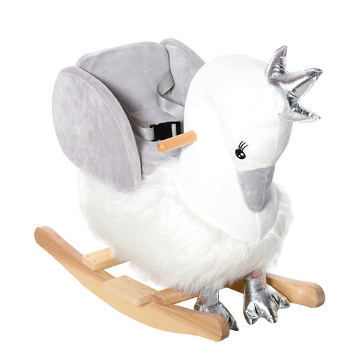 Easycomfort Dondolo Giocattolo a Forma di Cigno Bianco e Grigio per Bambini 18-36 Mesi (Max 40kg), Legno di Pioppo e Peluche