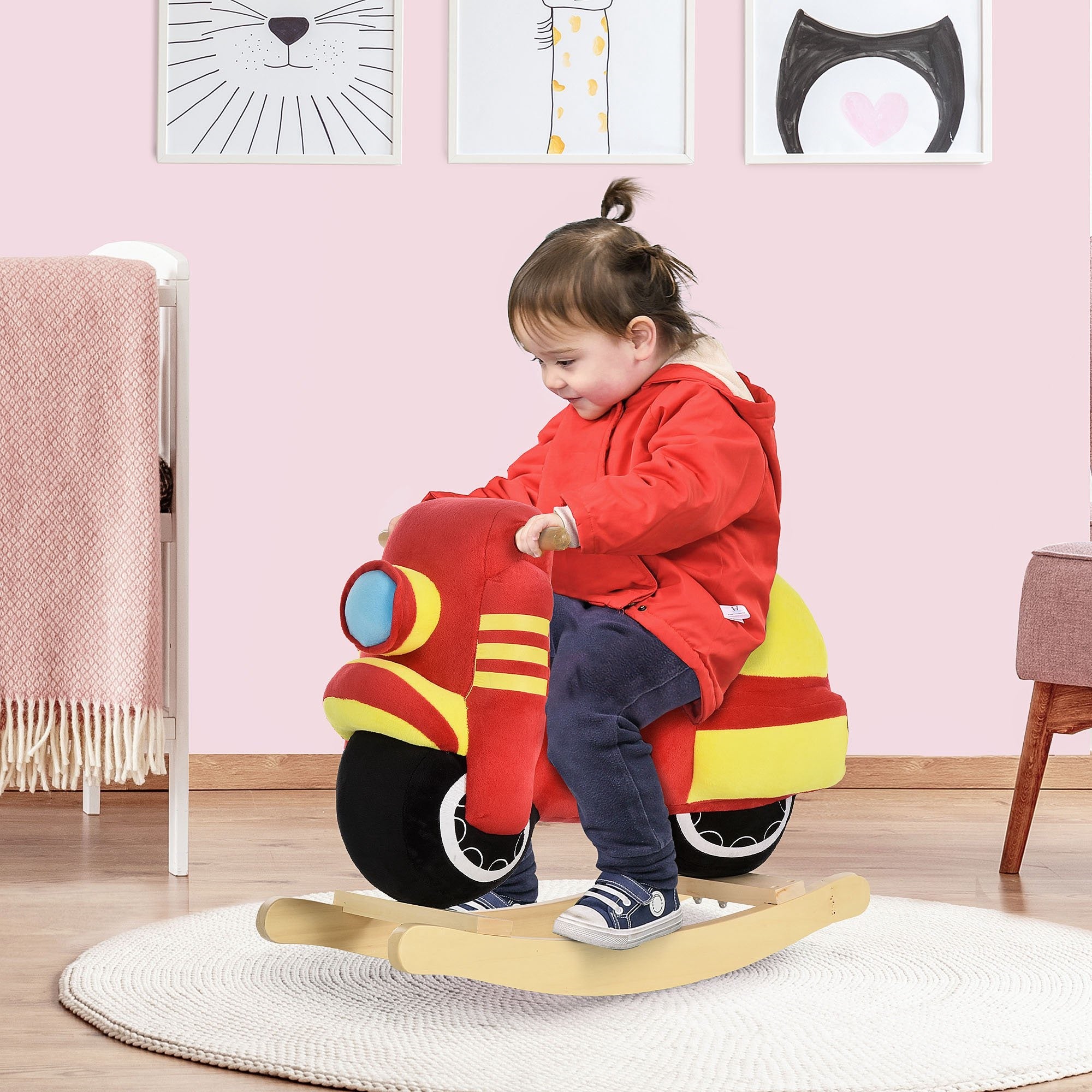 Easycomfort Cavallo a Dondolo per Bambini 18-36 Mesi a Forma di Moto, Cavallo per Bambini Cavalcabile in Legno e Peluche, Suoni Realistici, Max. 40kg, Rosso e Giallo