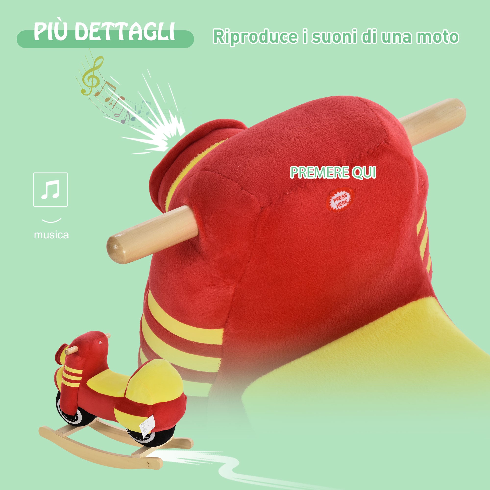 Easycomfort Cavallo a Dondolo per Bambini 18-36 Mesi a Forma di Moto, Cavallo per Bambini Cavalcabile in Legno e Peluche, Suoni Realistici, Max. 40kg, Rosso e Giallo