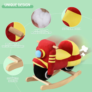 Easycomfort Cavallo a Dondolo per Bambini 18-36 Mesi a Forma di Moto, Cavallo per Bambini Cavalcabile in Legno e Peluche, Suoni Realistici, Max. 40kg, Rosso e Giallo