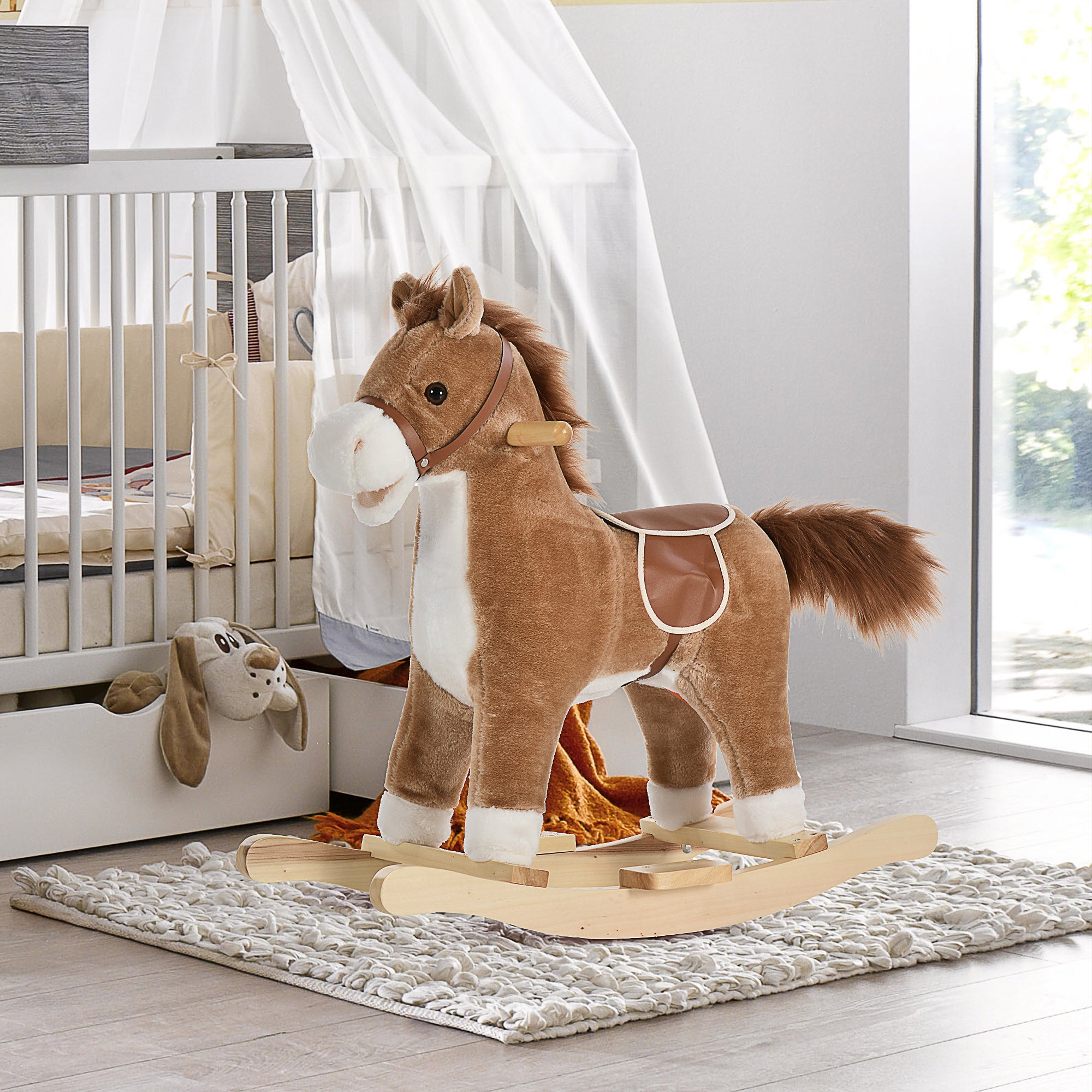 Easycomfort Cavallo a Dondolo Giocattolo con Suoni Realistici per Bambini 36-72 Mesi, Include 2 Batterie AA, Marrone