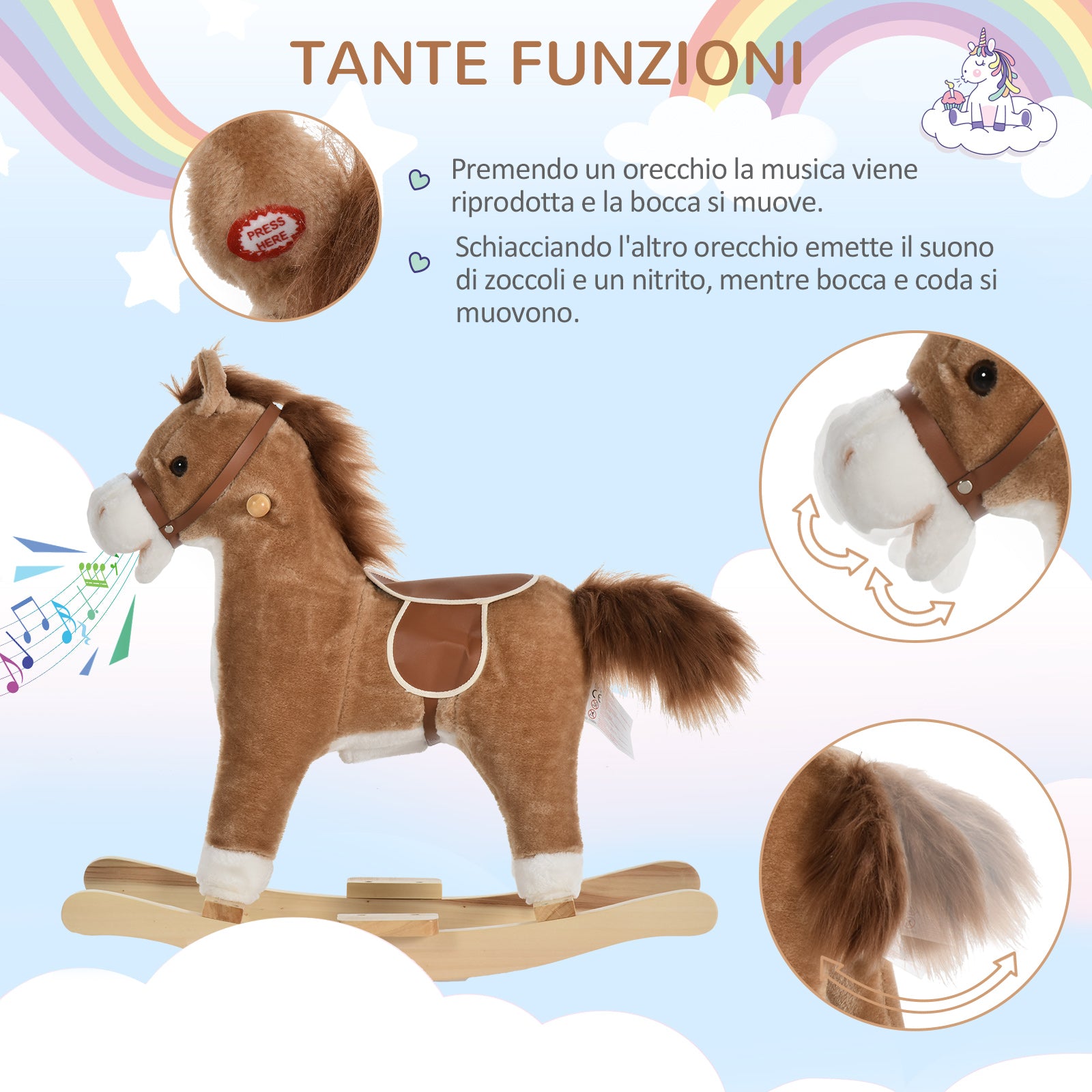 Easycomfort Cavallo a Dondolo Giocattolo con Suoni Realistici per Bambini 36-72 Mesi, Include 2 Batterie AA, Marrone