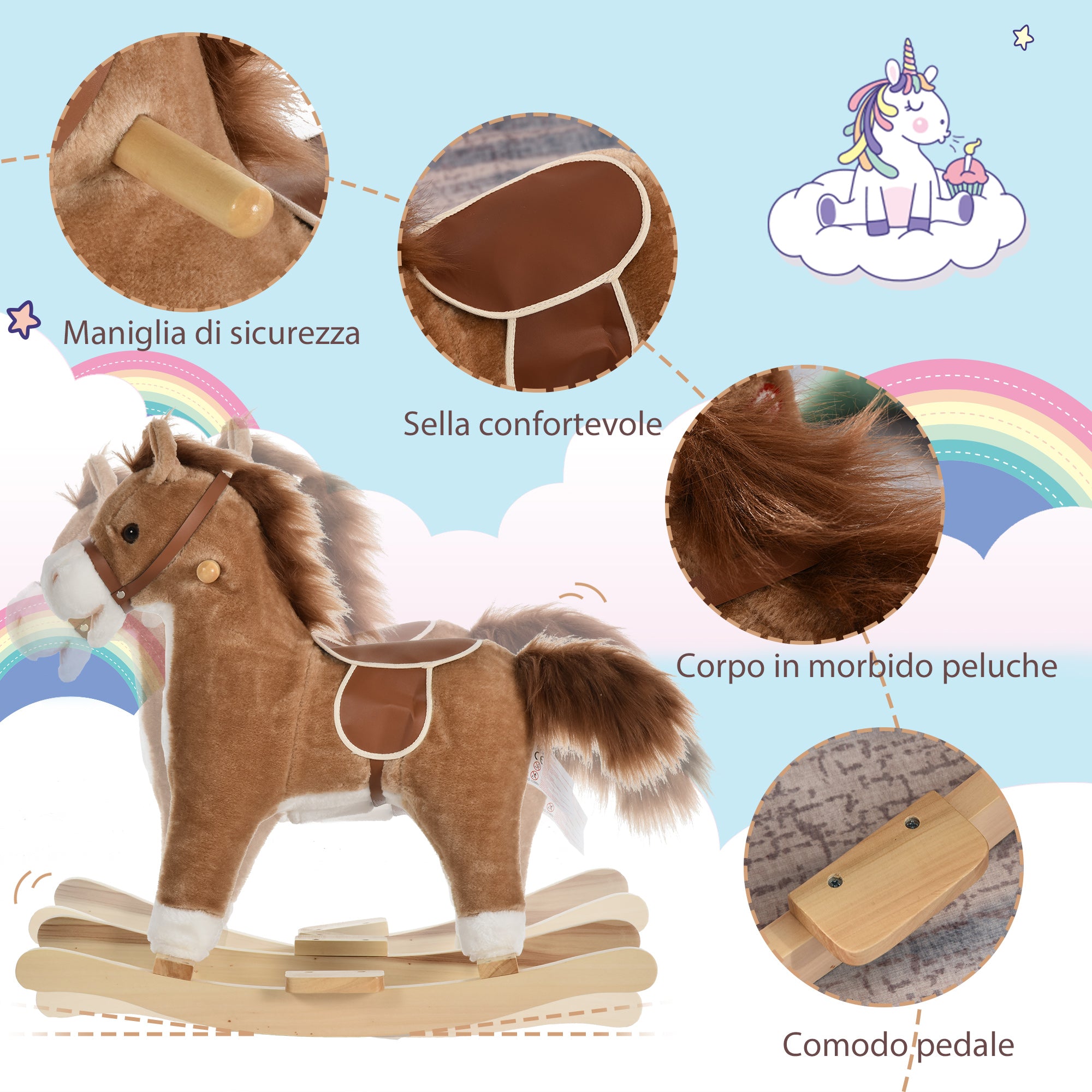 Easycomfort Cavallo a Dondolo Giocattolo con Suoni Realistici per Bambini 36-72 Mesi, Include 2 Batterie AA, Marrone