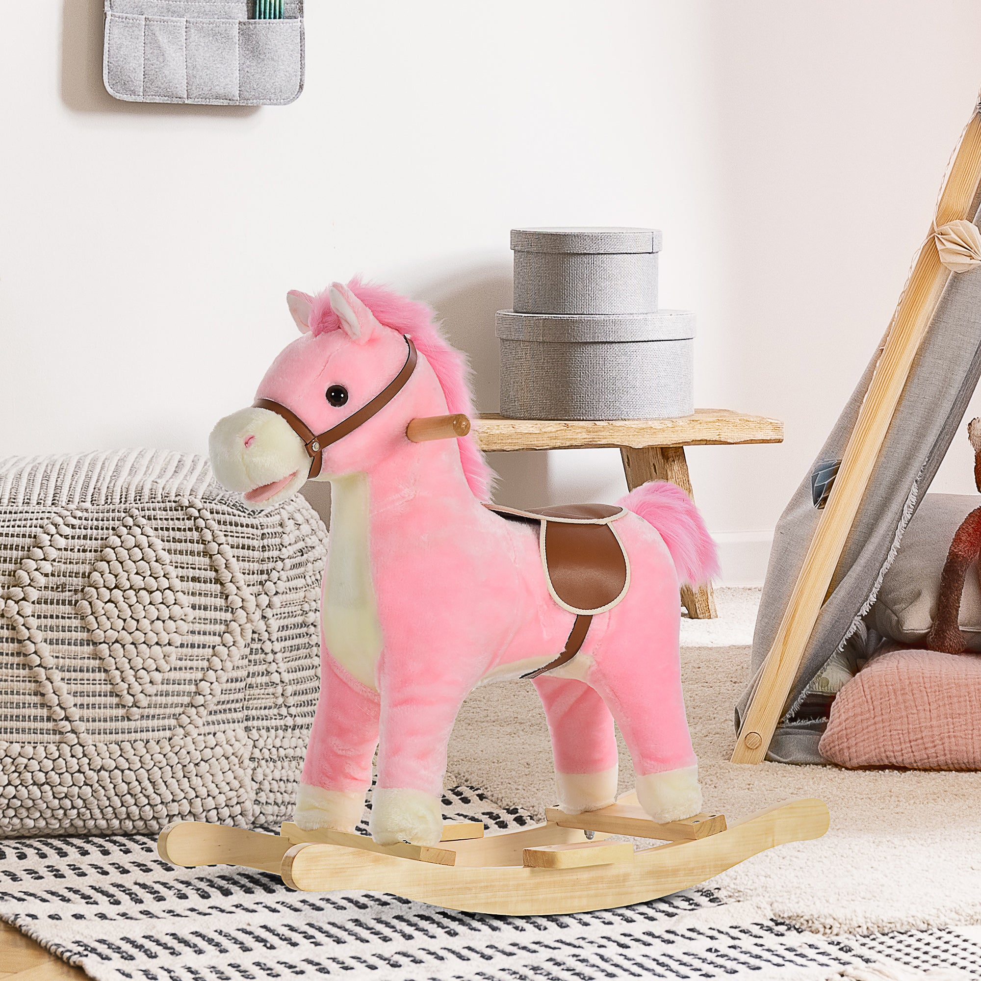 Easycomfort Cavallo a Dondolo in Legno Giocattolo con Suoni Realistici per Bambini 36-72 Mesi, Include 2 Batterie AA, Rosa