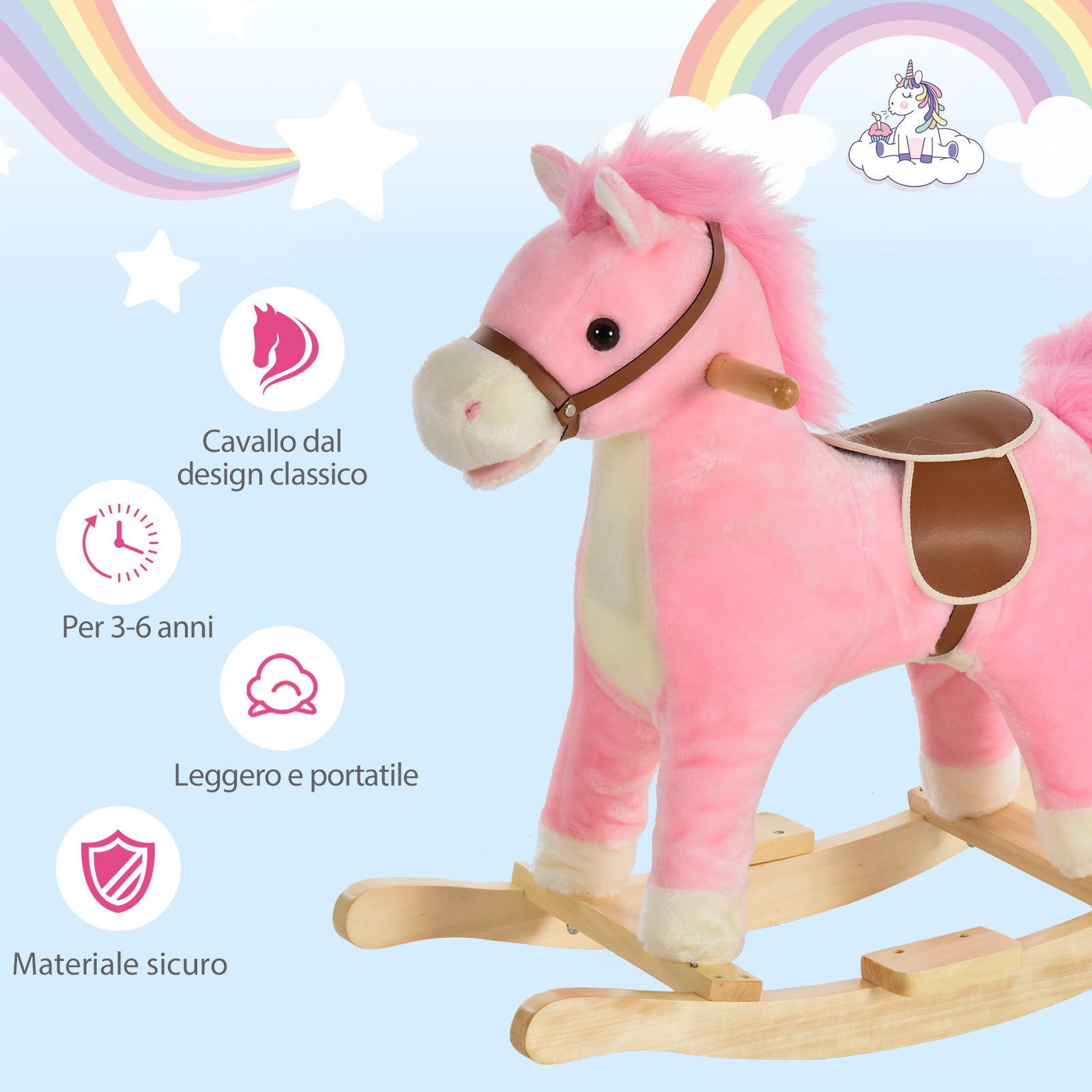 Easycomfort Cavallo a Dondolo in Legno Giocattolo con Suoni Realistici per Bambini 36-72 Mesi, Include 2 Batterie AA, Rosa