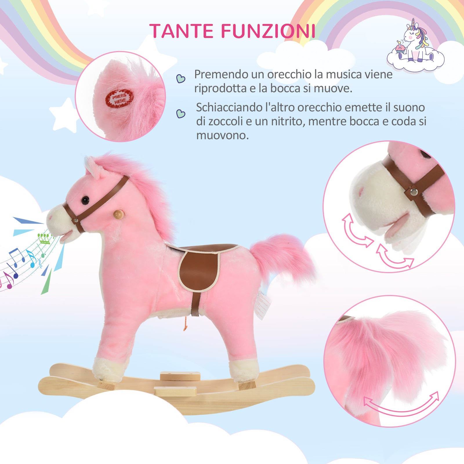 Easycomfort Cavallo a Dondolo in Legno Giocattolo con Suoni Realistici per Bambini 36-72 Mesi, Include 2 Batterie AA, Rosa